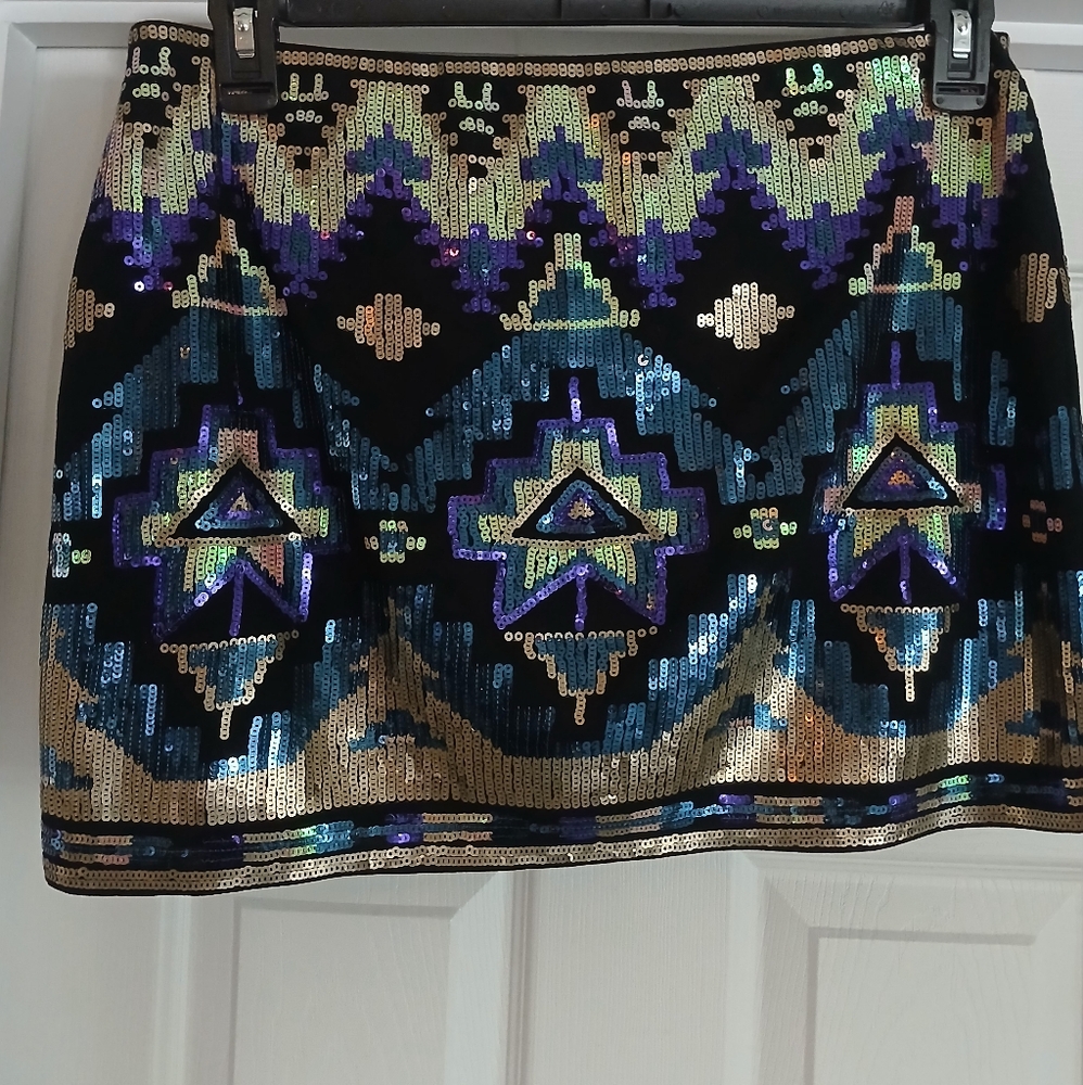 Express Sequin Pencil Mini Skirt Black and Blue